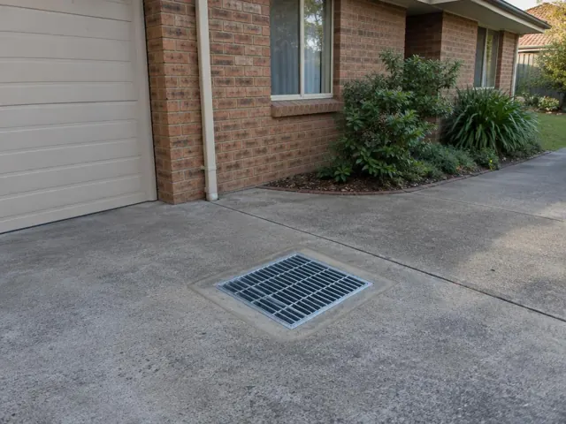 Outdoor driveway gully grate beside a brick house and garage on dry paving in Kellyville