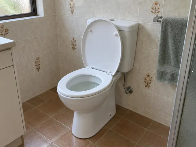 Clean white toilet in a tiled bathroom with towel rail and window in Quakers Hill