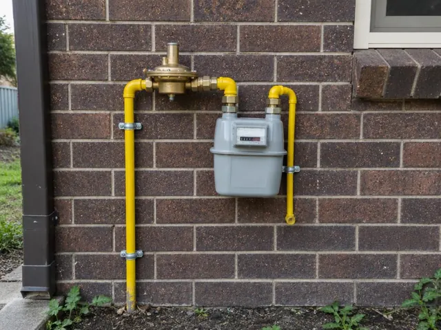 Exterior gas meter and new yellow pipework on a brick house wall in Parklea