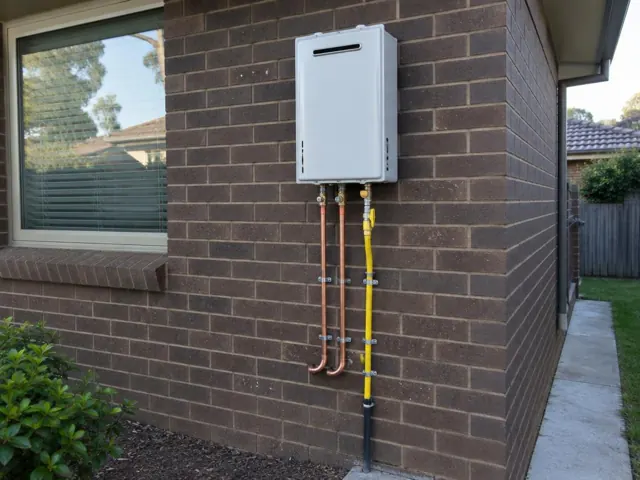 Wall-mounted hot water unit with exposed pipes on a brick exterior wall in Bella Vista